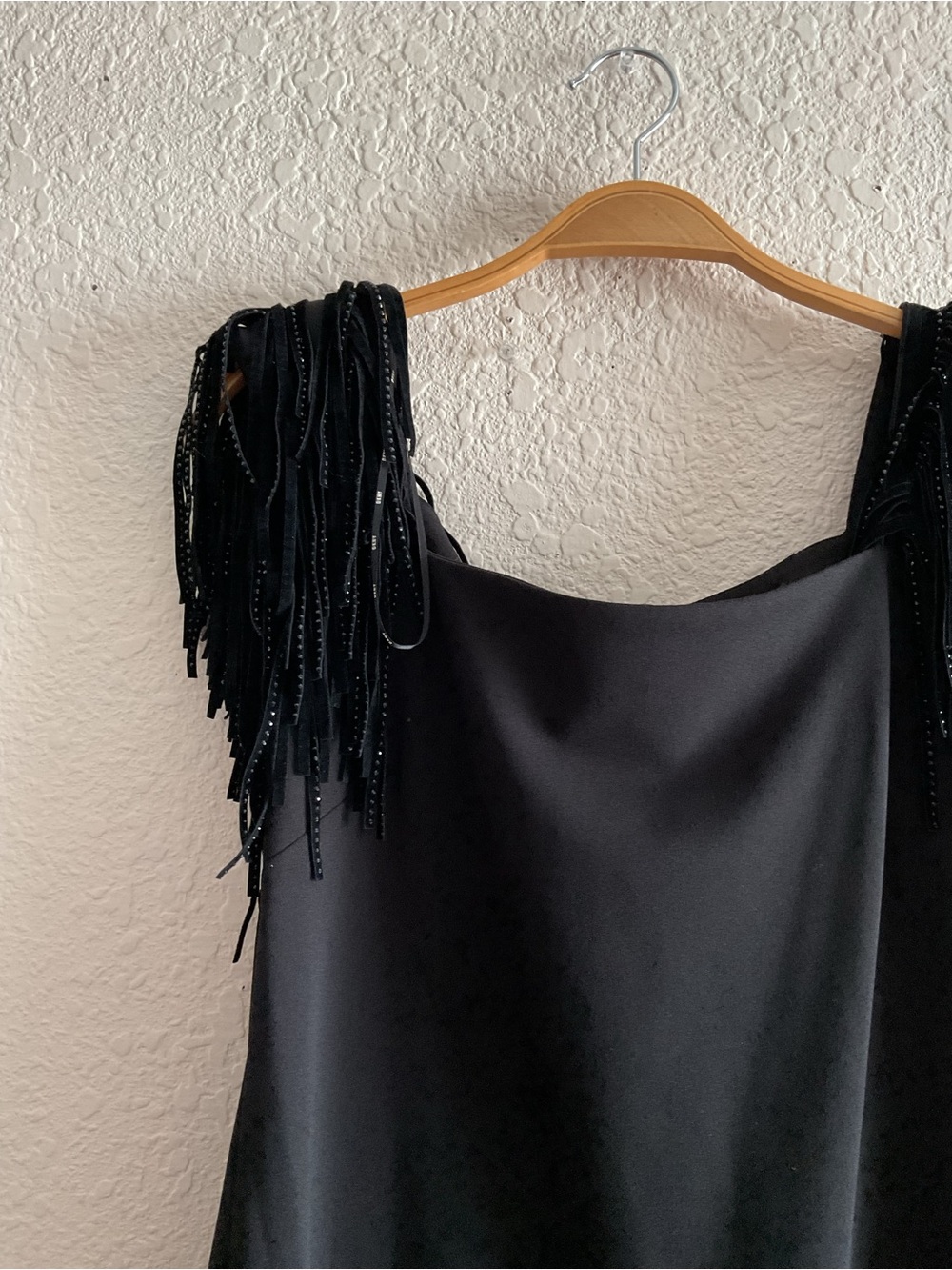 DKNY Black Mini Dress with Beaded Fringe Shoulders - Picture 3 of 5